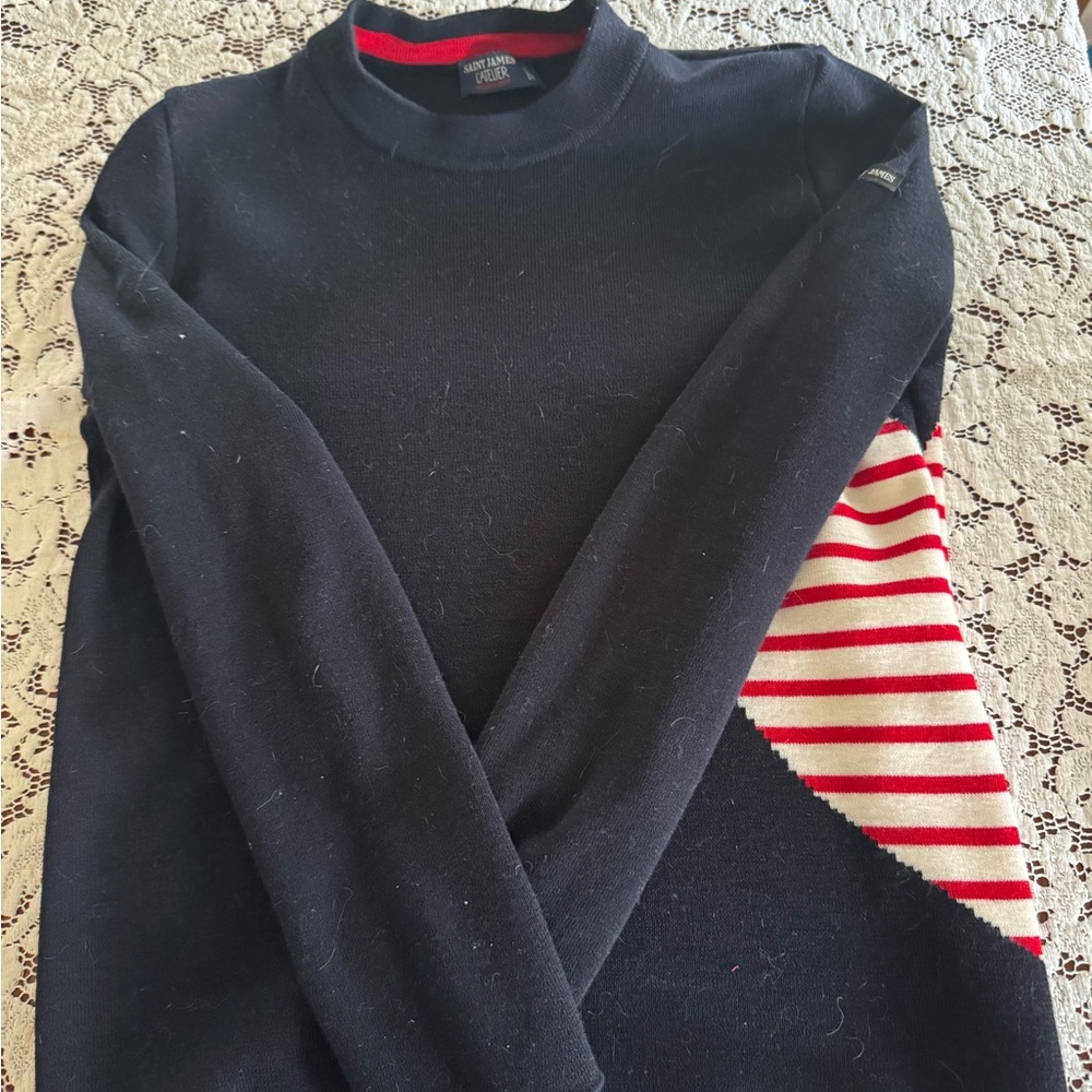 Saint James Navy Sweater with Red and White Stripes